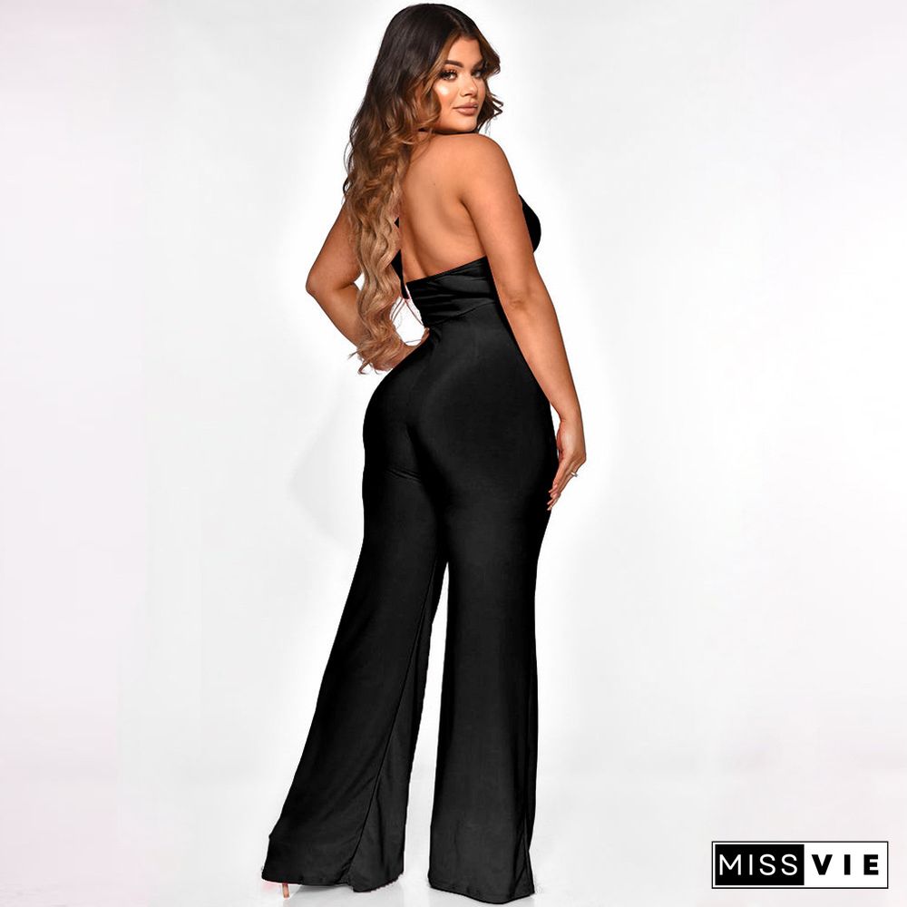 Cut Out Halter Neck Backless Wed Leg Jumpsuit