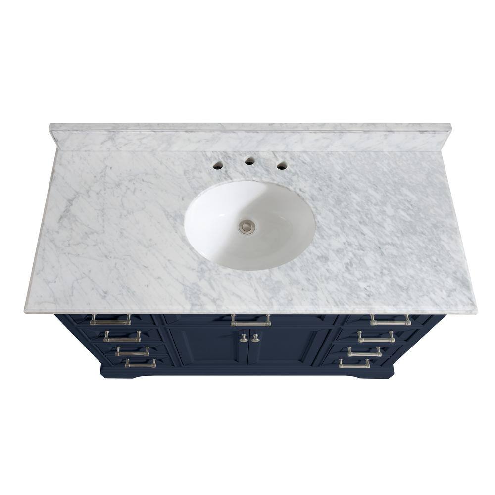 Home Decorators Collection Windlowe 49 in. W x 22 in. D x 35 in. H Freestanding Bath Vanity in Navy Blue with Carrara White Marble Marble Top 15101-VS49C-NB