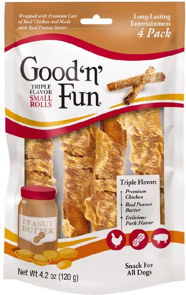 Good 'n' Fun Triple Flavor Peanut Butter Small Rolls Dog Rawhide Treat， 4.2-oz bag， 4 count