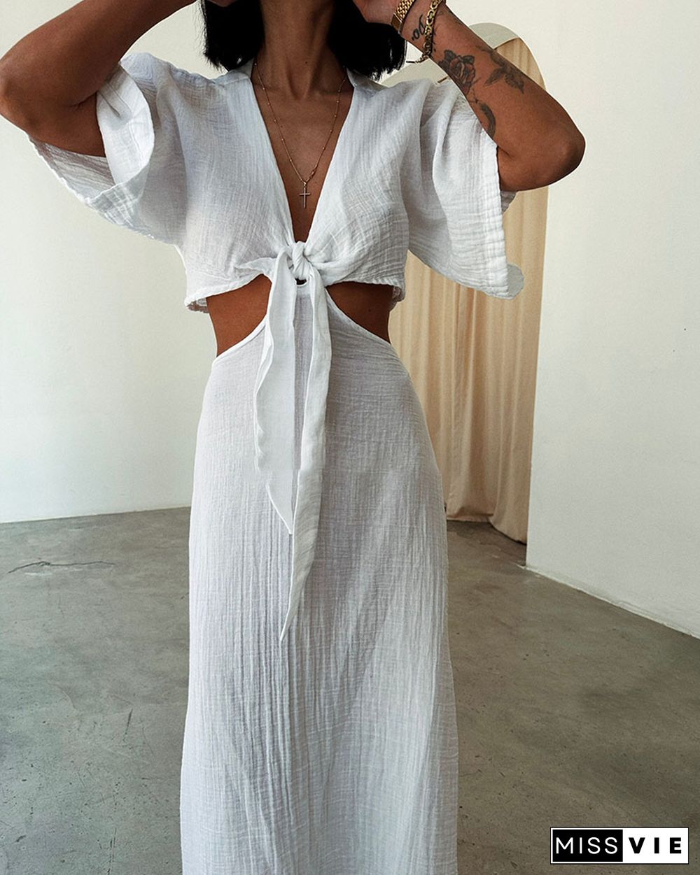 Lace-up exposed waist cotton and linen dress