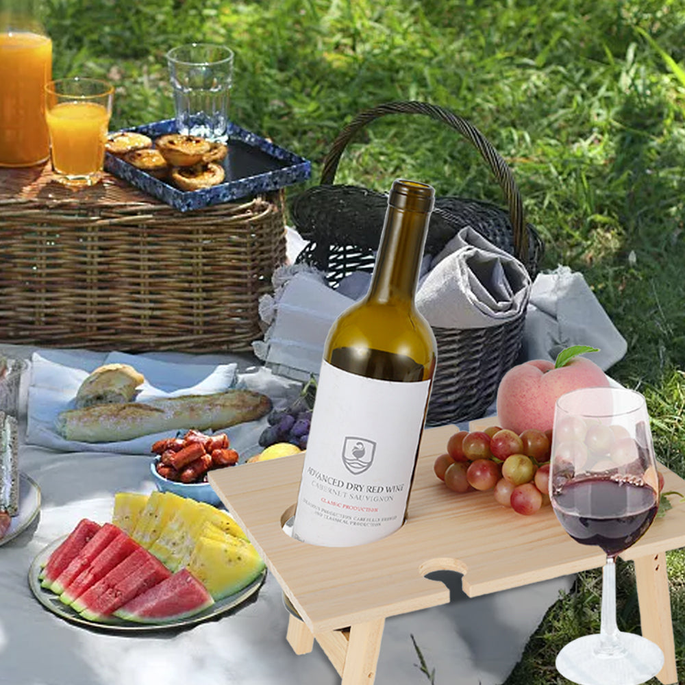 Portable Wine Table Outdoor Folding Wine Table Wooden Wine and Champagne Picnic Table Mini Food Wine Table with Bottle and Glass Holder for Outdoor Camping Picnic Beach