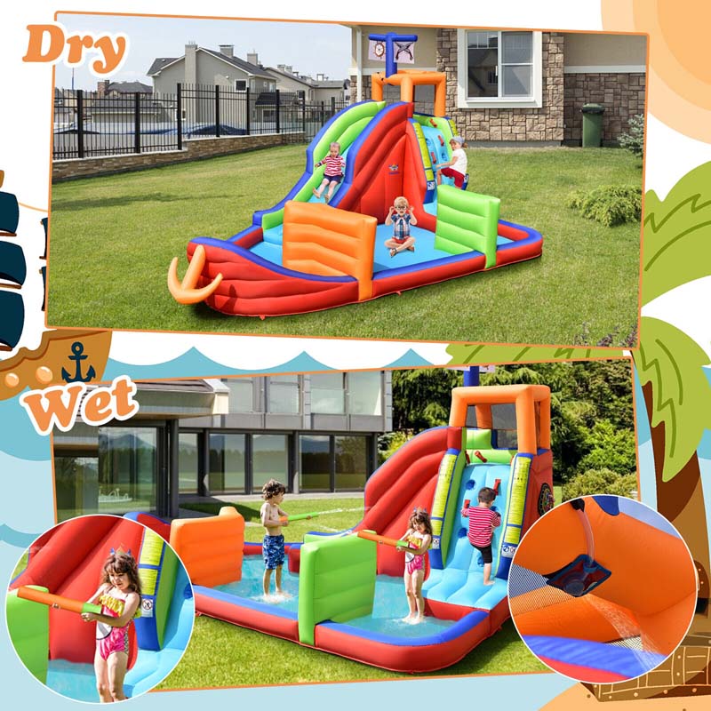 6-in-1 Pirate Ship Kids Giant Water Park Inflatable Bounce House Bouncy Castle with Long Water Slide