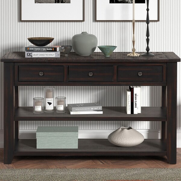 Wood Top Console Table with 3 Storage Drawers and 2 Shelves