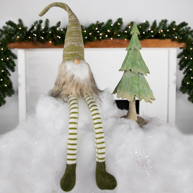 Green And Beige Sitting Gnome With Knitted Hat And Dangling Legs Christmas Figure