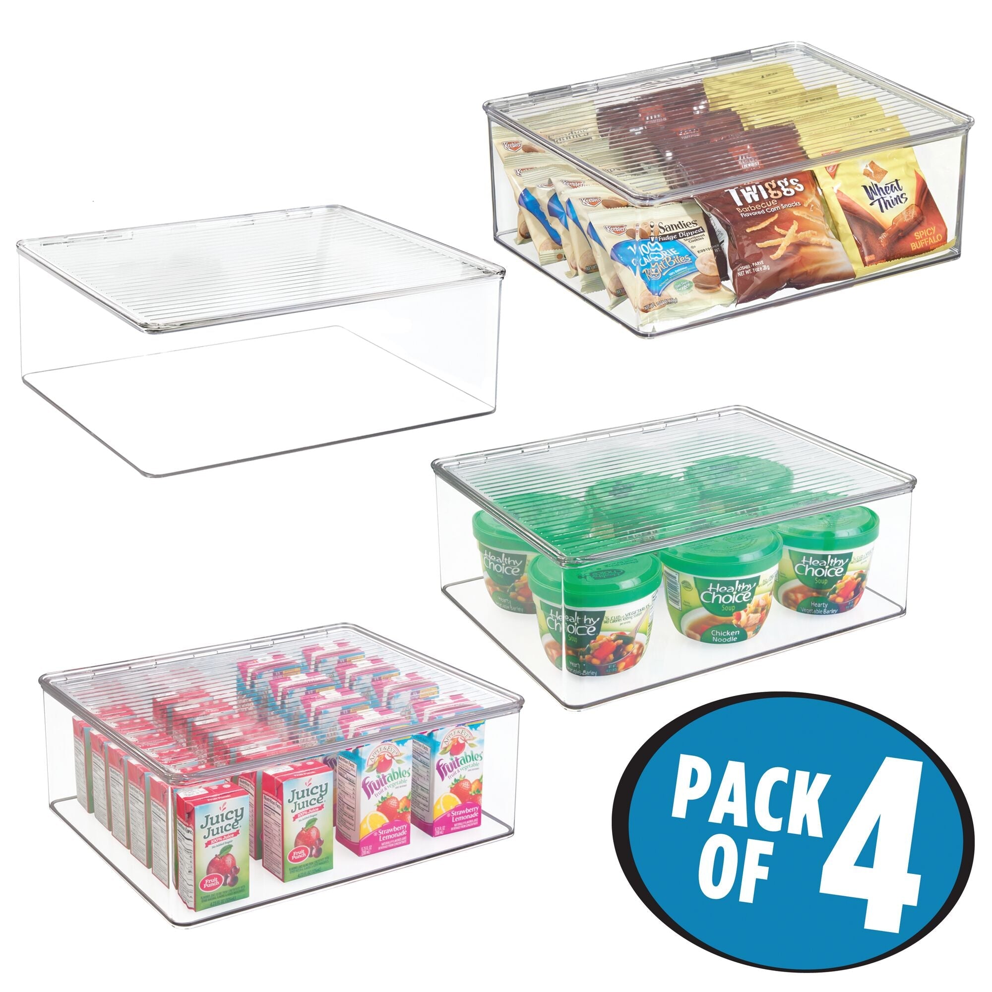 mDesign Plastic Kitchen Pantry and Fridge Storage Organizer Box Containers with Hinged Lid for Shelves or Cabinets, Holds Food, Snacks, Canned Drinks, Seasoning, Condiments, or Utensils, 4 Pack, Clear