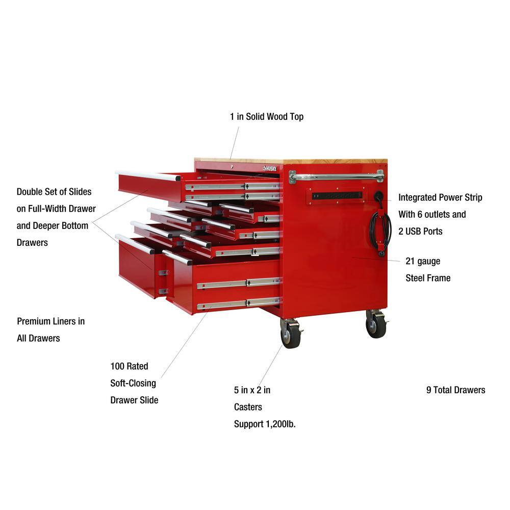 Husky 52 in. W x 25 in. D Standard Duty 9-Drawer Mobile Workbench Cabinet with Solid Wood Top in Gloss Red HOTC5209B22M