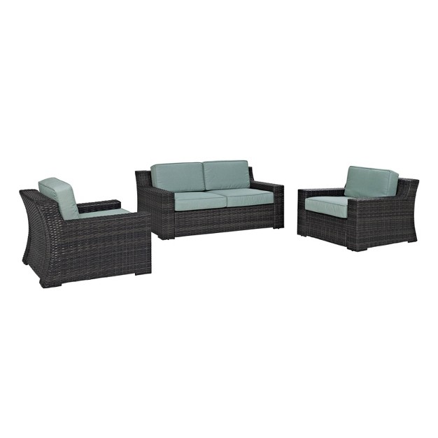 Beaufort 3pc Outdoor Wicker Seating Set With Loveseat amp 2 Arm Chairs Mist Crosley