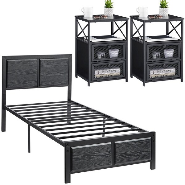 Industrial 3 Piece Bedroom Set Platform Bed Frame and Nightstands Set of 2， Black - - 37127705