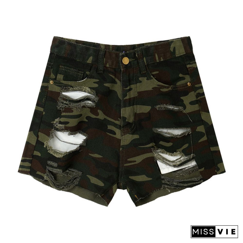 Women Camouflage Print Ripped Denim Shorts Summer Casual Frayed Hem High Waist Short Pants