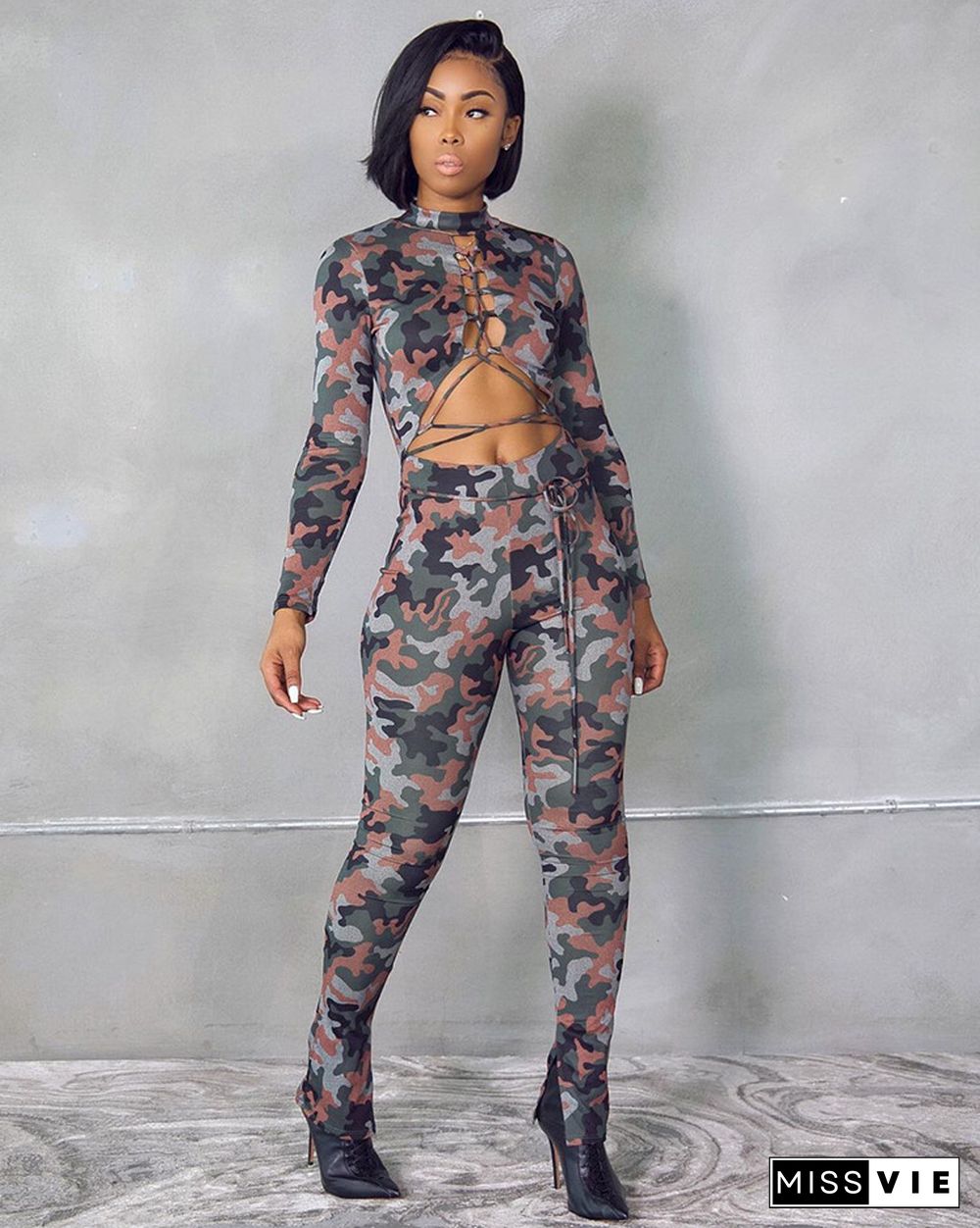 Women Camouflage Lace Up Hollow Out Long Sleeve Jumpsuit