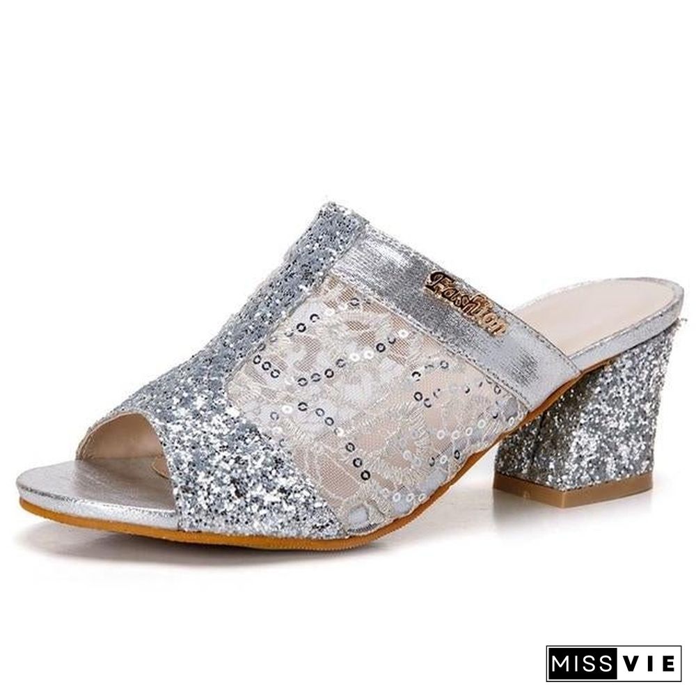 Women Bling Square Heel Lace Slippers Hollow Sandals