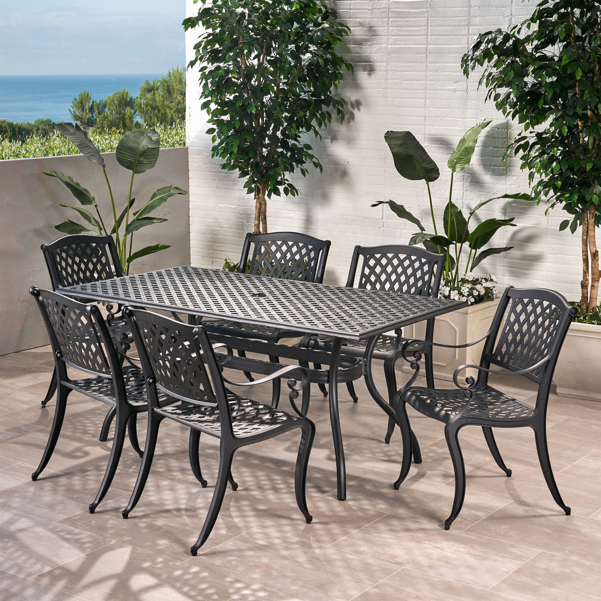 Marietta 7-piece Black Cast Aluminum Outdoor Dining Set