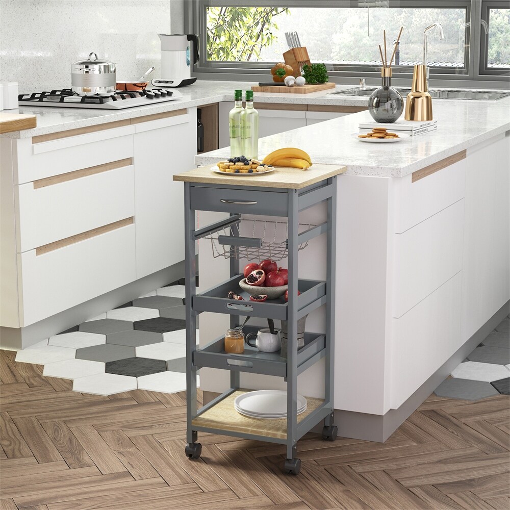 Mobile Rolling Kitchen Island Trolley with Drawer   Slide Out Basket