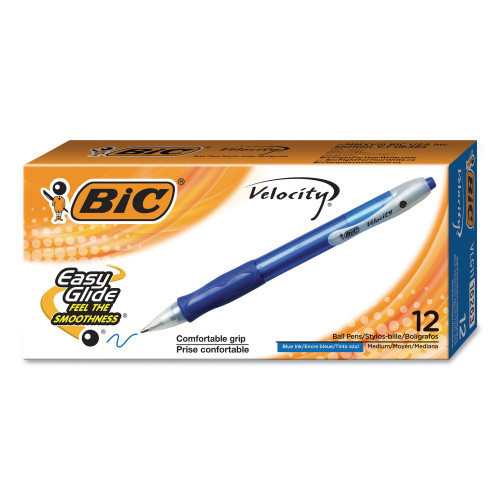 BIC Velocity Retractable Ballpoint Pen， 1mm， Blue Ink， Trans Blue Barrel， Dozen (VLG11BE)