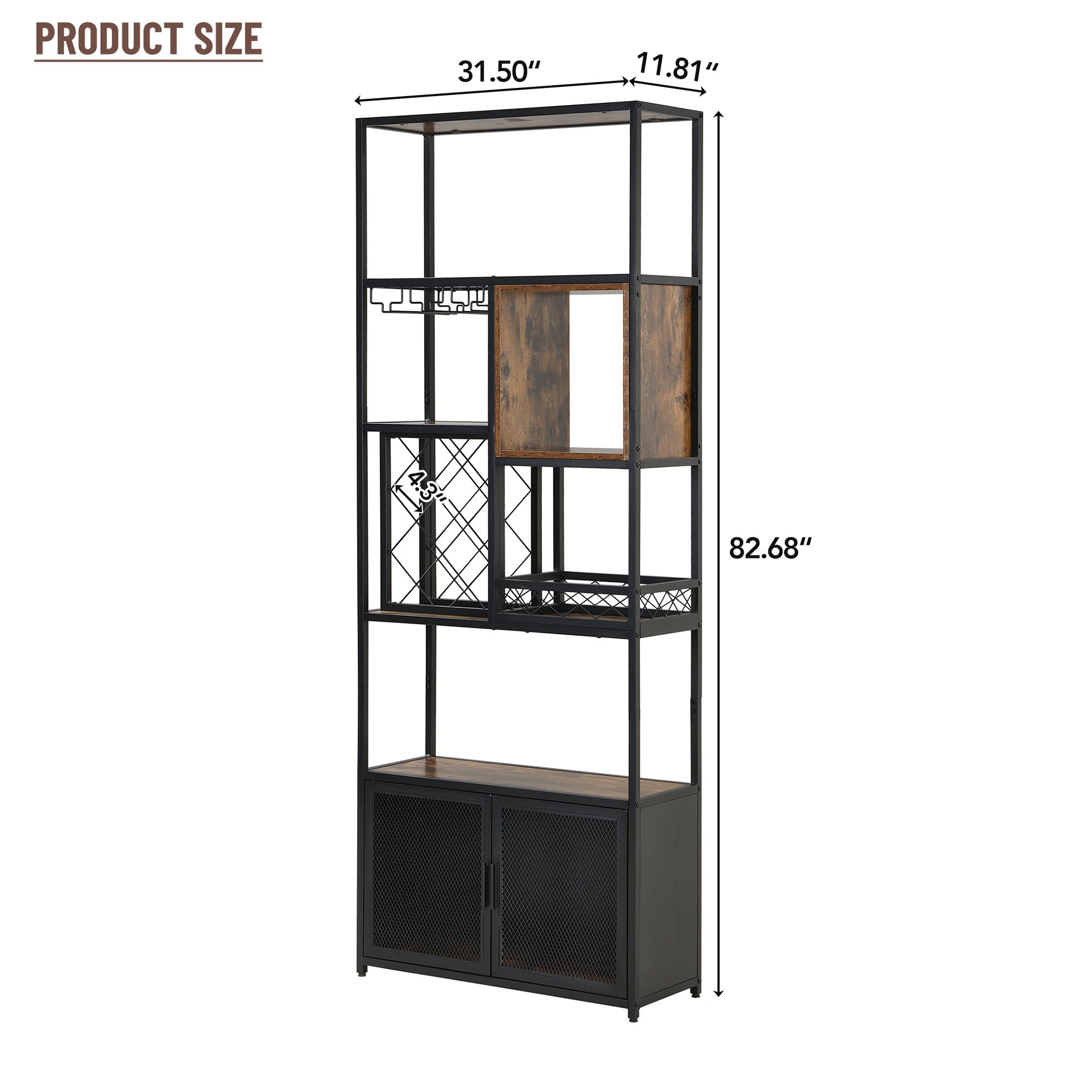 Industrial Tall Black Bar Wine Rack, 82.7 inch Wooden Home Bar Cabinet