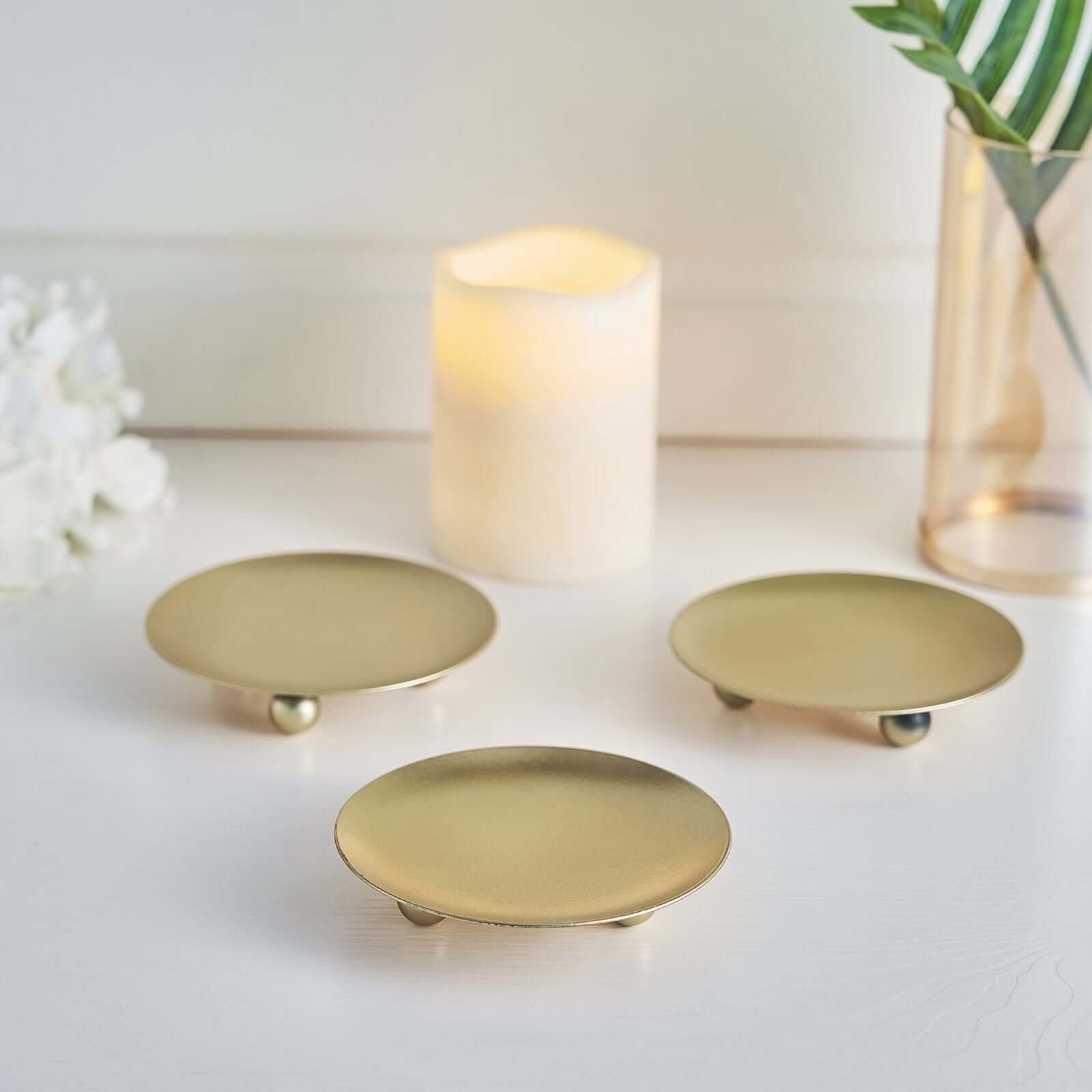 3 Pack Gold Metal Plate Candle Holders, Decorative Pillar Candle Stands 4