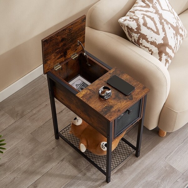 Flip Top Side Table with 1-Drawer and Steel Mesh Shelf ，Slim Sofa Table， Rustic Brown