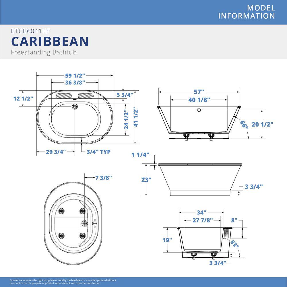 DreamLine Caribbean 60 in. x 42 in. Acrylic Freestanding Flatbottom Soaking Bathtub in White BTCB6041HFXXC00