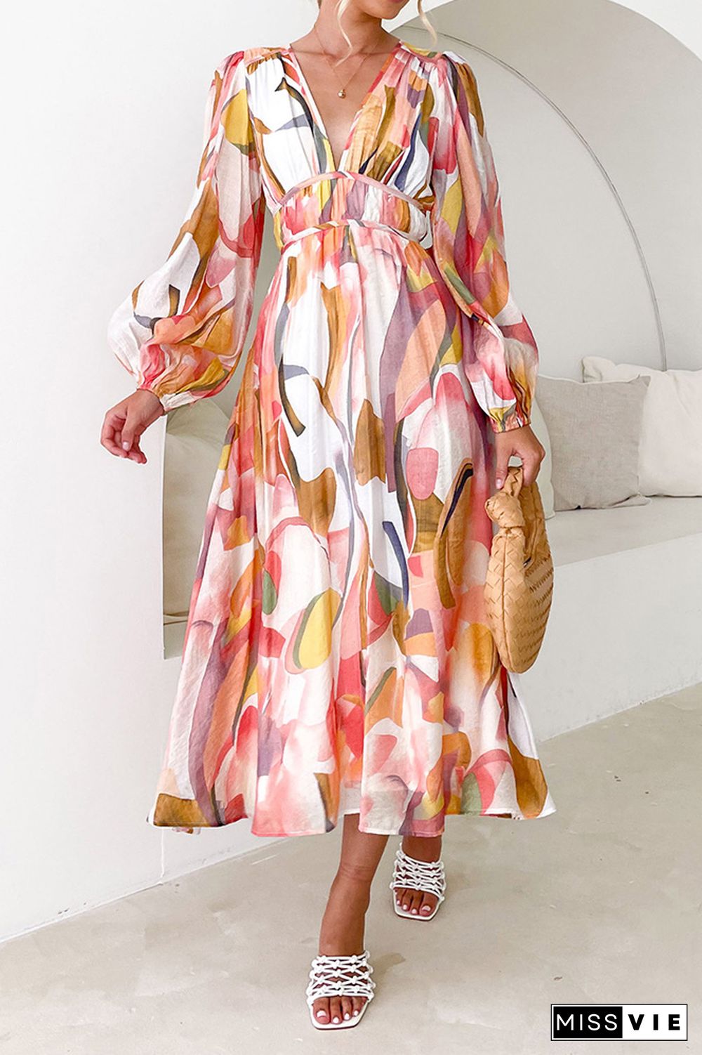 Deep V Neck Ruffle Printing Maxi Dress