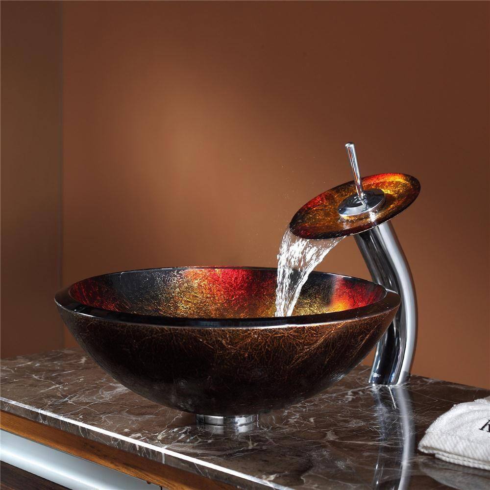 KRAUS Mercury Glass Vessel Sink in RedGold with Waterfall Faucet in Chrome C-GV-680-19mm-10CH