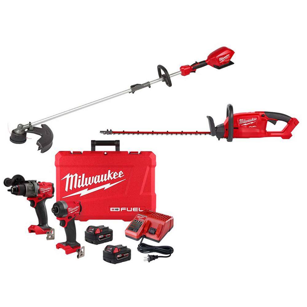 MW M18 FUEL 18V Lithium-Ion Brushless Cordless String Trimmer with Hedge Trimmer and Hammer DrillImpact Driver Combo Kit 2825-20ST-3697-22-2726-20