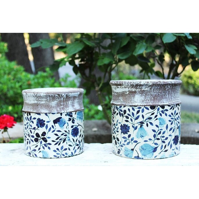 Old World Ceramic Blue and White Asian Floral Round planters