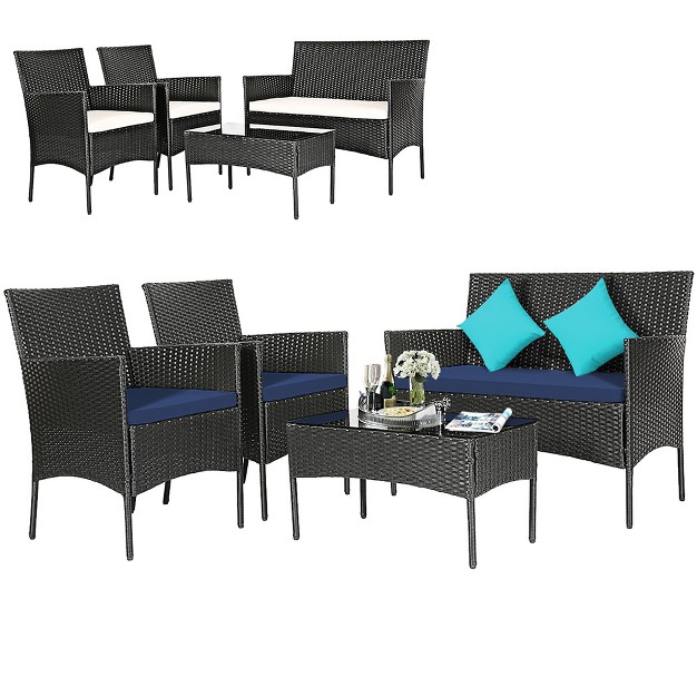 Costway 4pcs Patio Wicker Furniture Set Coffee Table Cushions W Cover