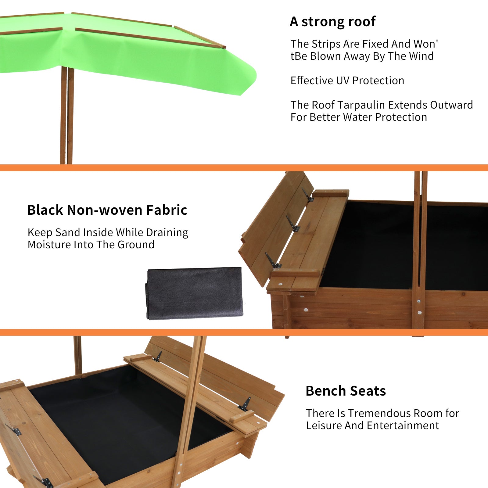 iRerts Kids Sandbox with Cover， Wooden Sandbox Children Outdoor Sand Play Station， Outdoor Sandbox with Foldable Bench Seats， and Adjustable Canopy， Sand Pit for Beach Patio Backyard Garden， Green