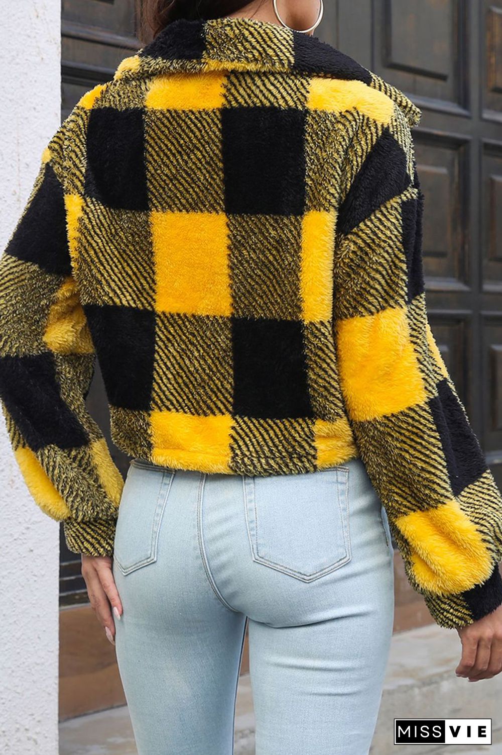 Open Button Fleece Plaid Crop Jackets