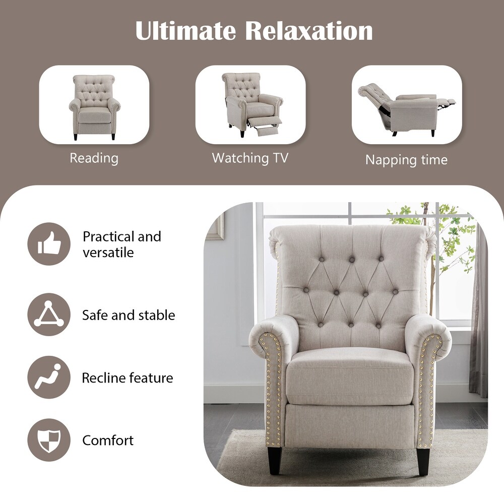 Pushback Linen Tufted Recliner Single Sofa with Nailheads Roll Arm  Adjustable Recliner for Living Room  Bedroom  Office