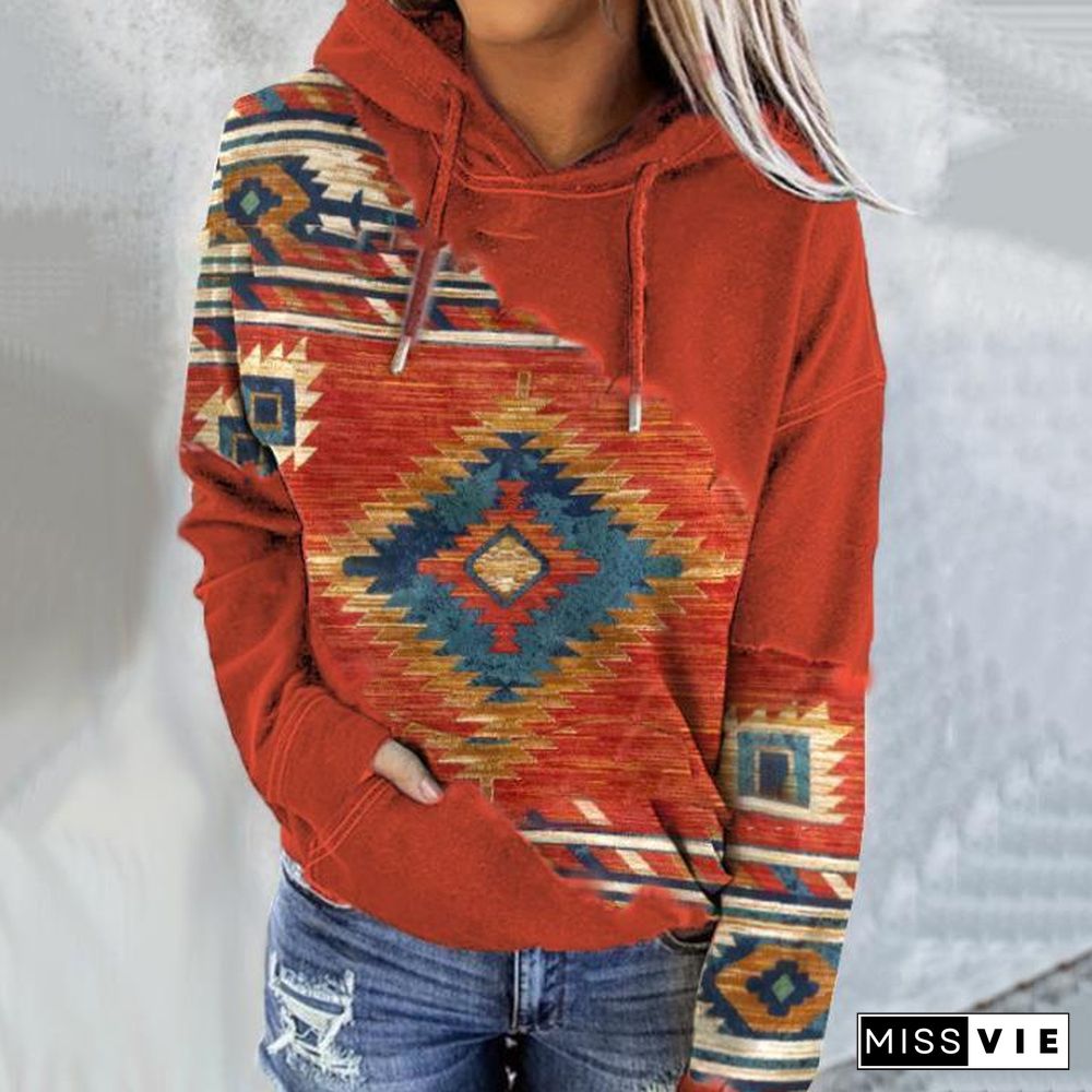 Round Neck Bohemia Printed Hoodie With Hat