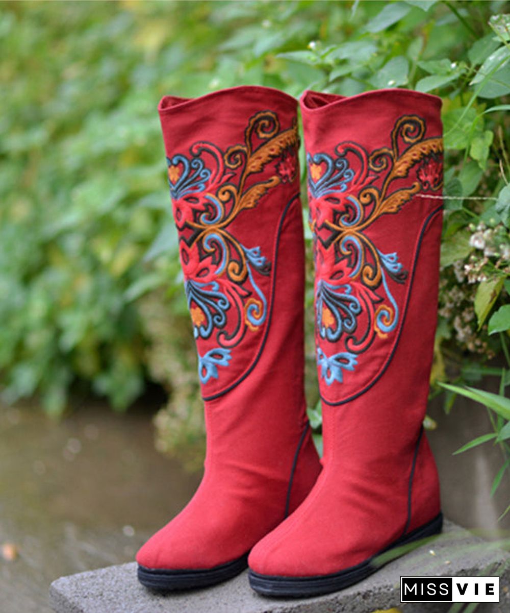 Vintage Red Wedge Boots Embroideried Comfy Cotton Fabric zippered Splicing Boots