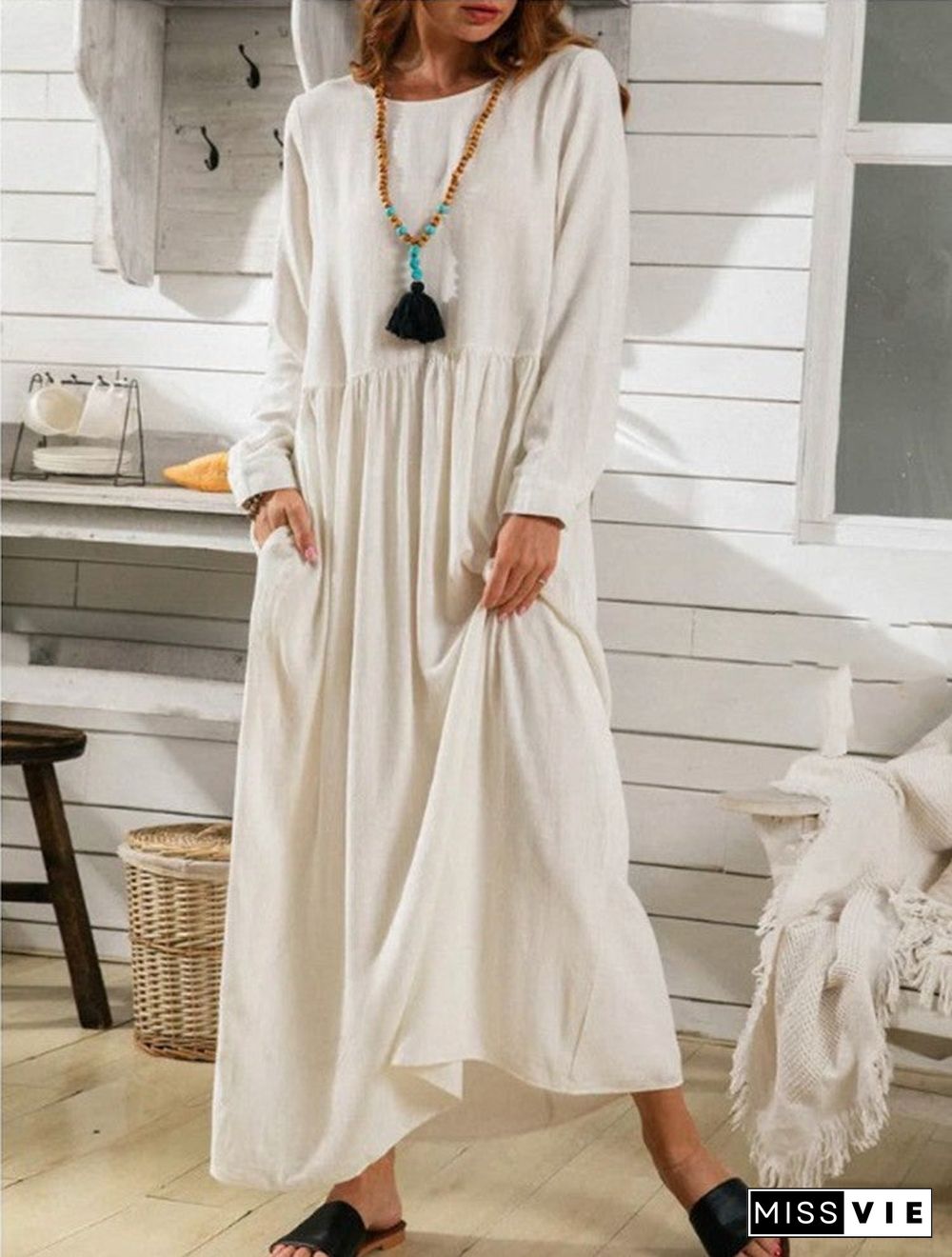 Women's Leisure Long Sleeve Scoop Neck Maxi Dress