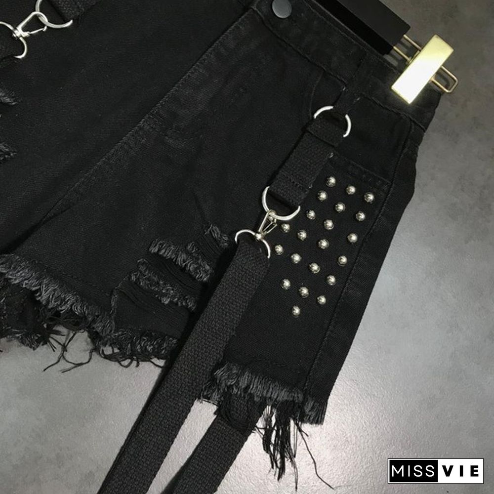 Women Denim Hot Pants Shorts Mini Jeans Rivet Removable Strap Tassels Gothic Punk Sexy