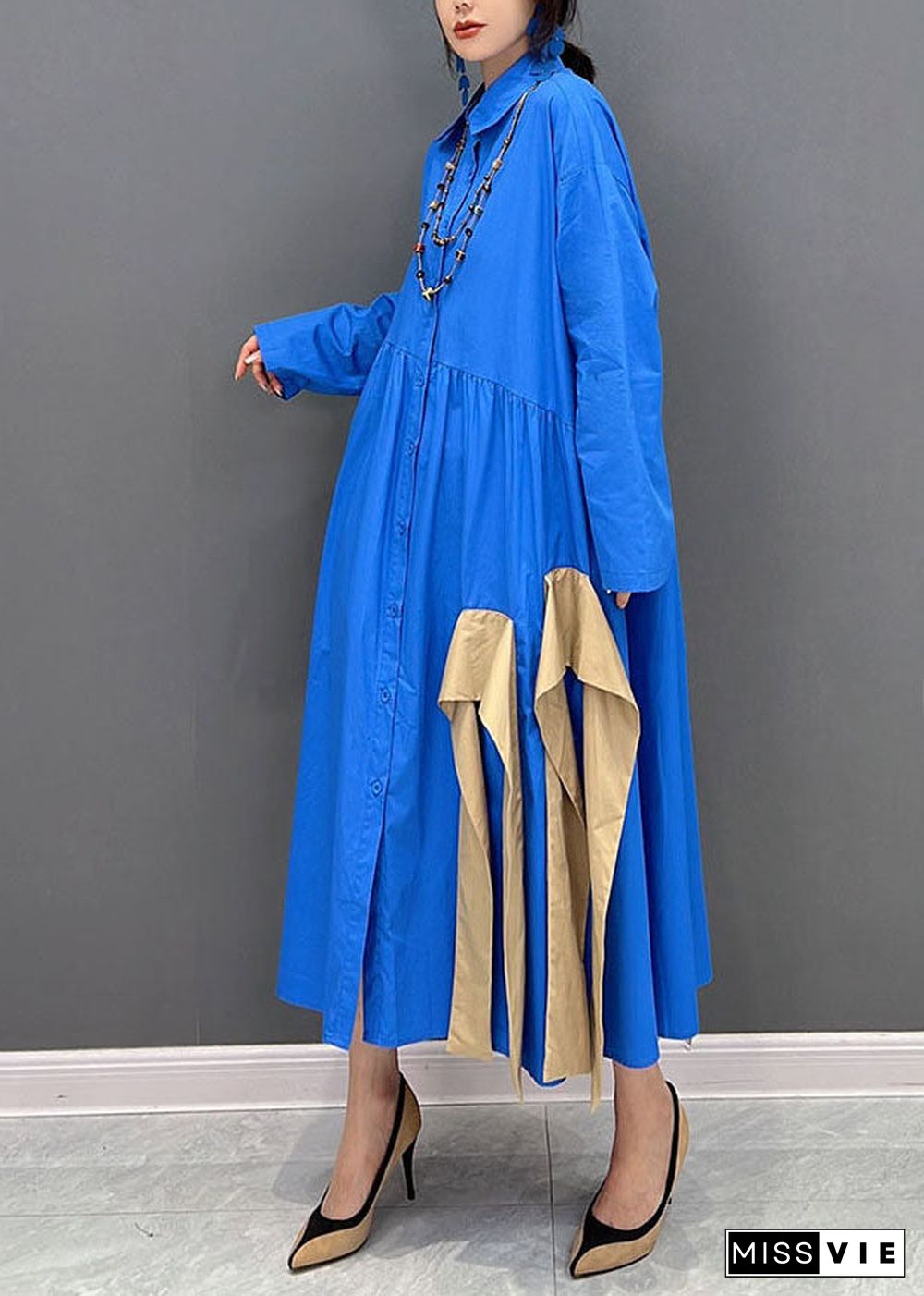 Art Blue Asymmetrical Design Patchwork Cotton Maxi Dresses Fall