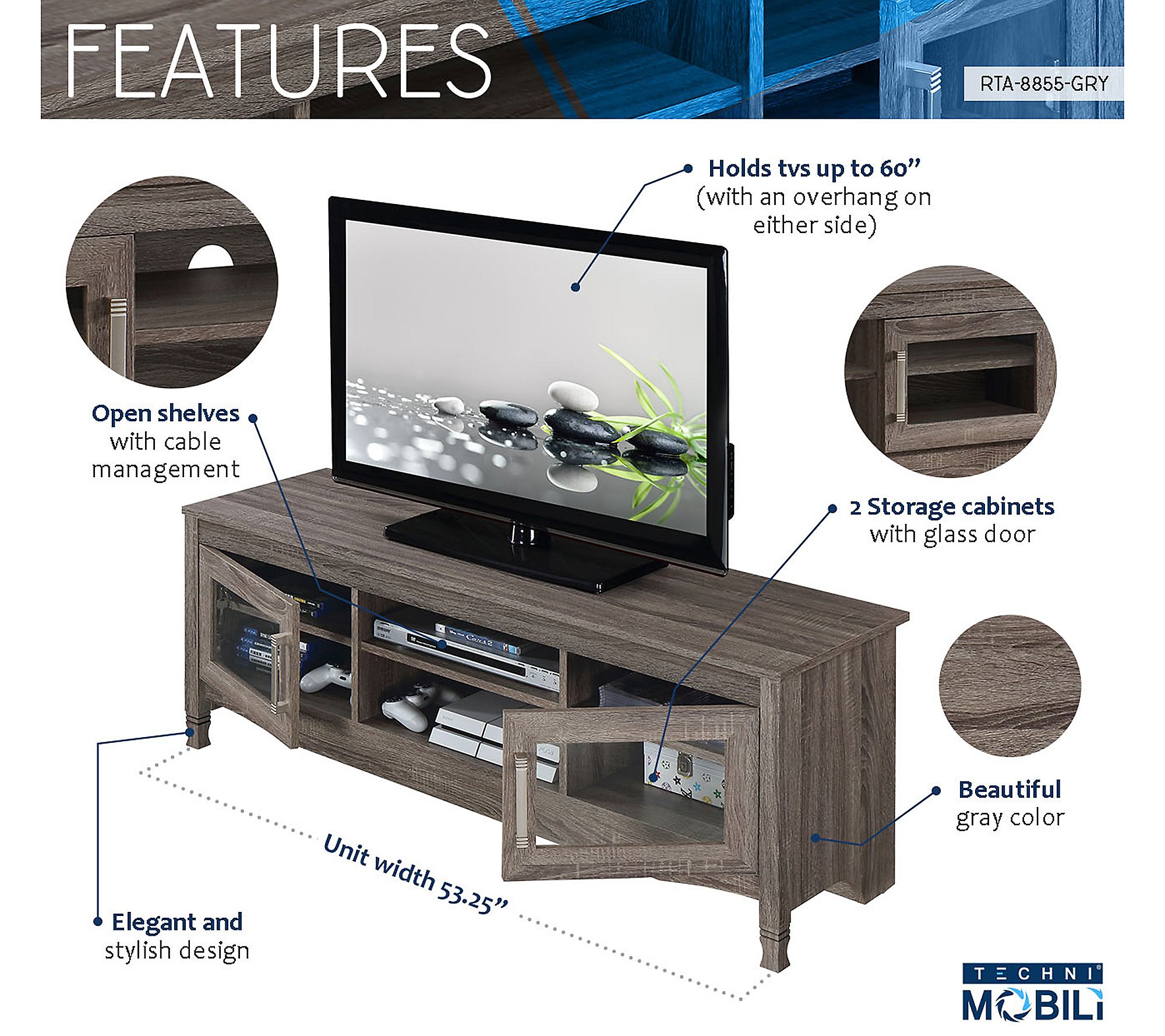 Techni Mobili Grey Driftwood TV Stand with Storage Cabinets