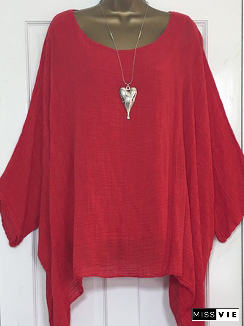 Printed/Dyed Casual Batwing Crew Neck Plus Size Blouse