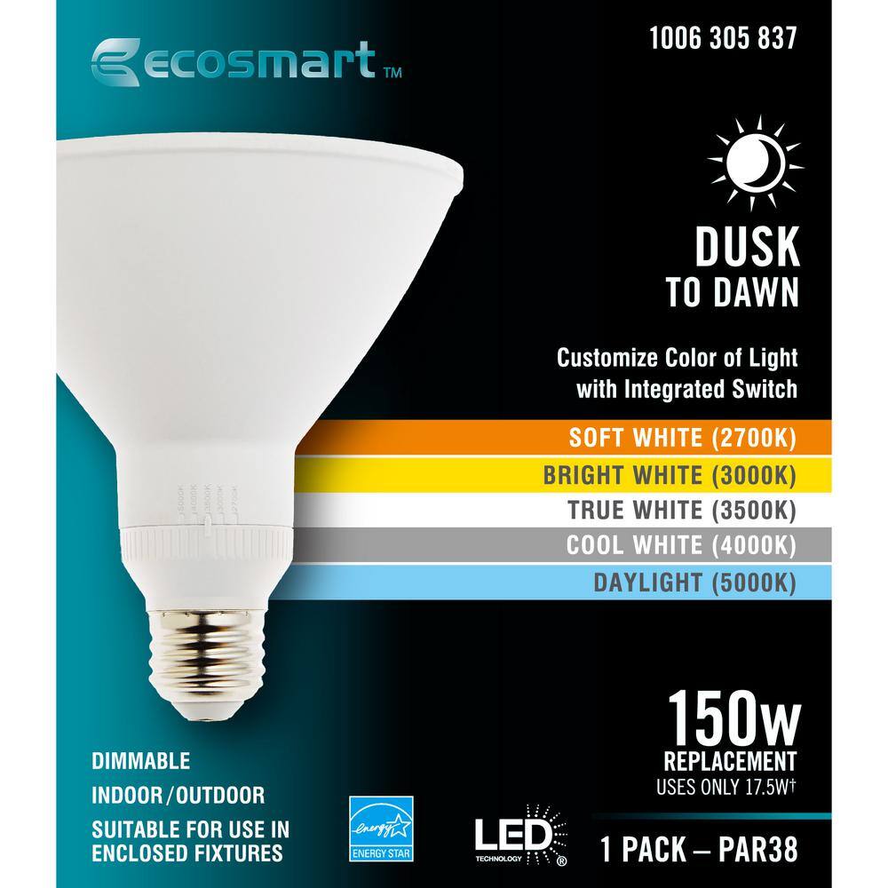 EcoSmart 150-Watt Equivalent PAR38 Dimmable CEC Flood Dusk to Dawn with Selectable Color Temperature LED Light Bulb (1-Pack) G117P38D2D5DUO