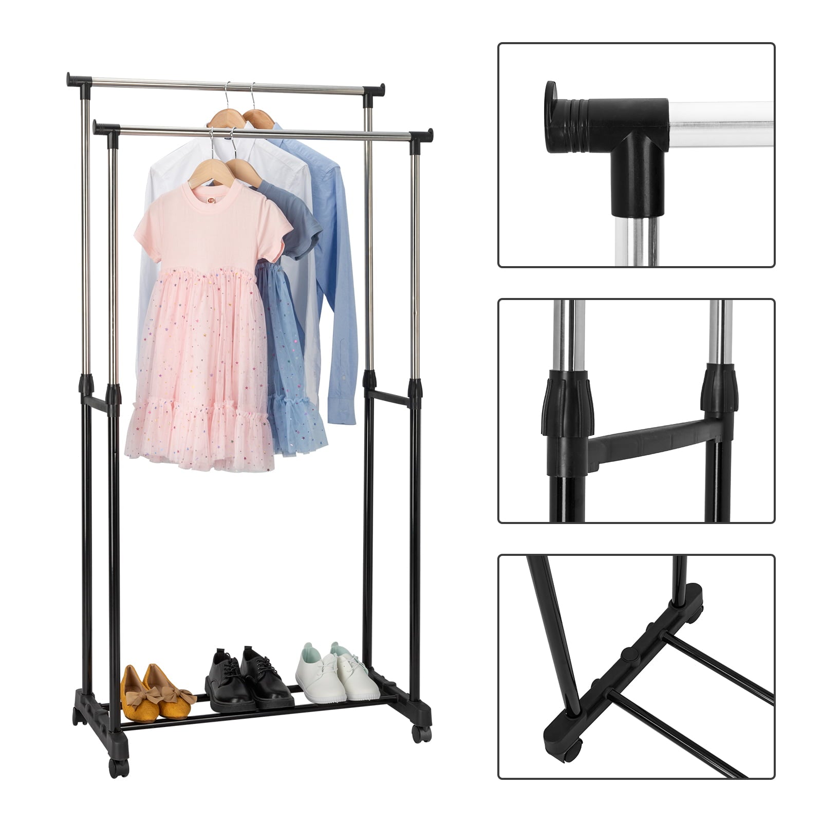 Ktaxon Rolling Portable Clothes Rack Double Bar Rail Hanging Garment Hanger Adjustable