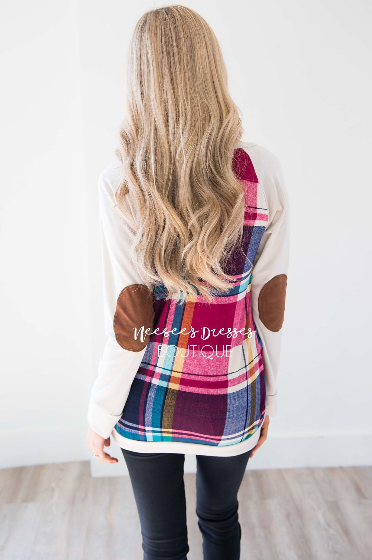 Fuchsia Plaid Elbow Patch Sweater