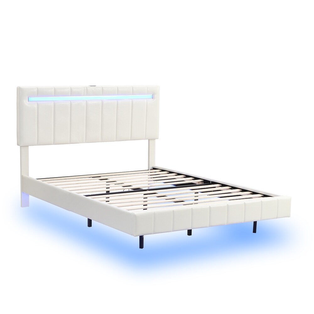 Floating Bed Frame w/ LED Lights Headboard Unique PU Upholstered Platform LED Bed Frame w/ USB Power Strips No Box Spring Needed