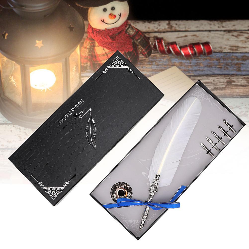 European Vintage Fountain Pen Feather Quill Dip Pen Set Stationery Gift With Gift Box (white)