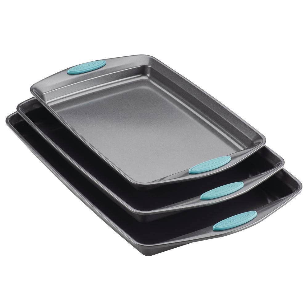 Rachael Ray 3-Piece Gray Nonstick Bakeware Cookie Pan Set with Agave Blue Silicone Grips 47576