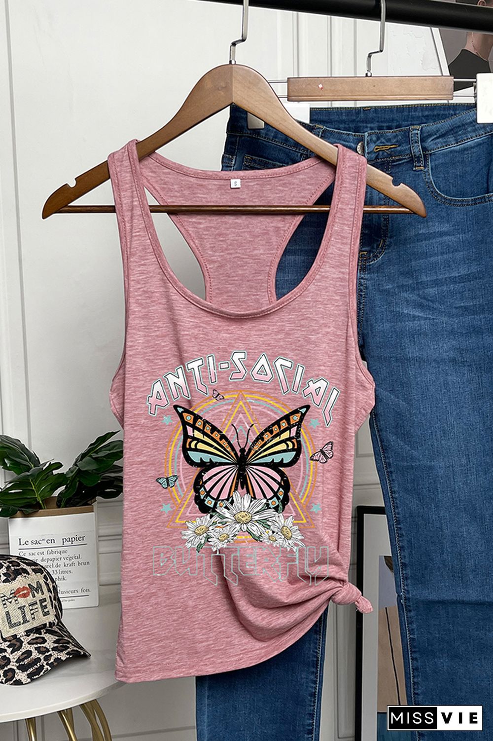 Retro Anti Social Butterfly Printed Sleeveless Tank Top Wholesale