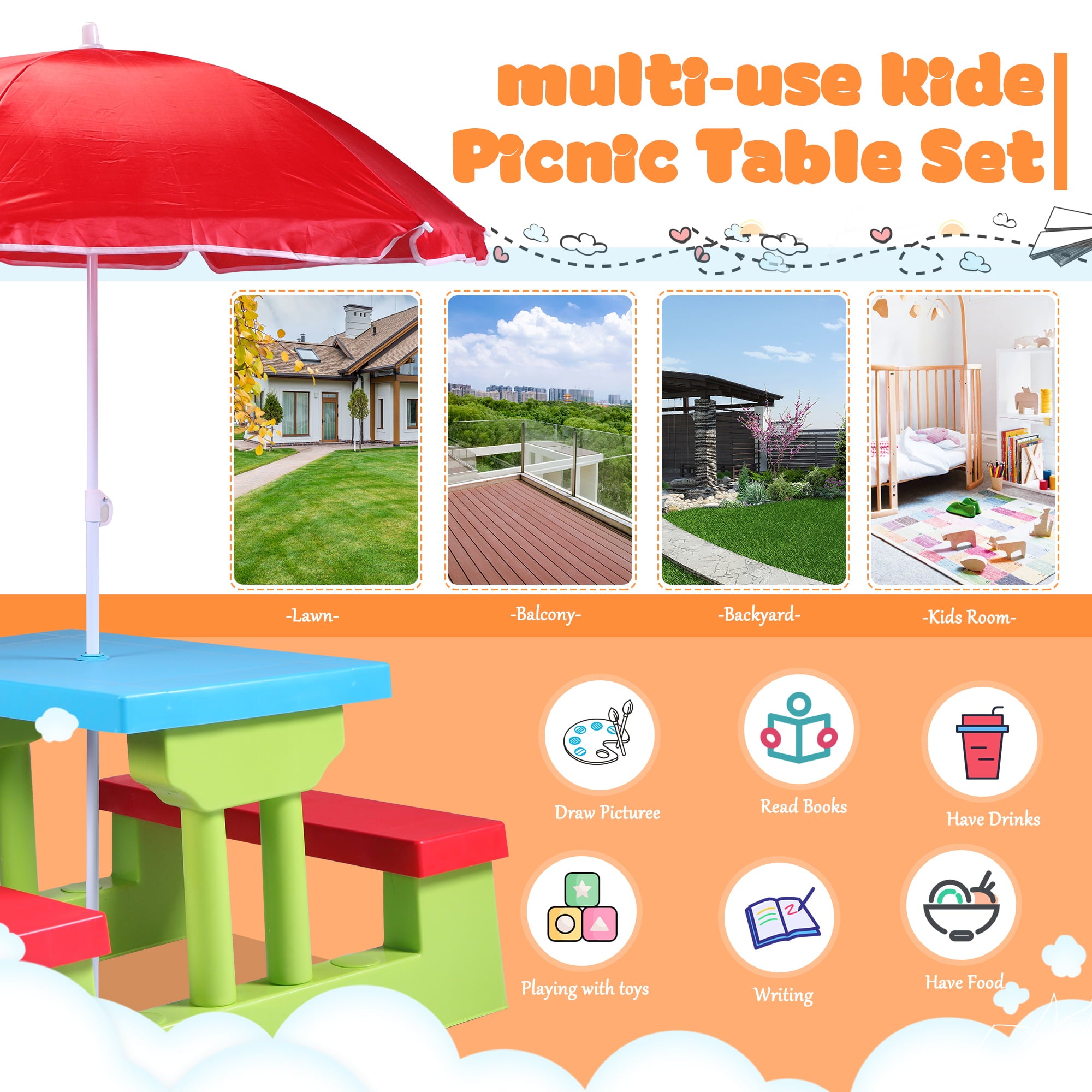 Tobbi 4 Seat Kids Picnic Table Bench Set Colorful Portable Garden Yard Bench W/ Removable Umbrella