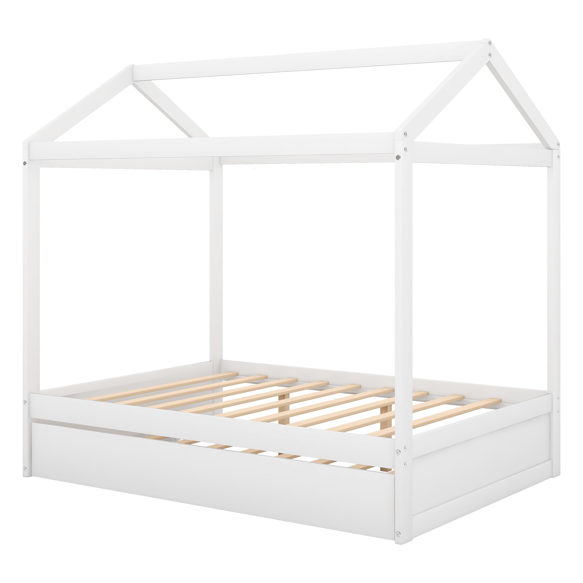 Pine Wood Full Size Beach House Bed With Trundle for Kids Bedroom, White