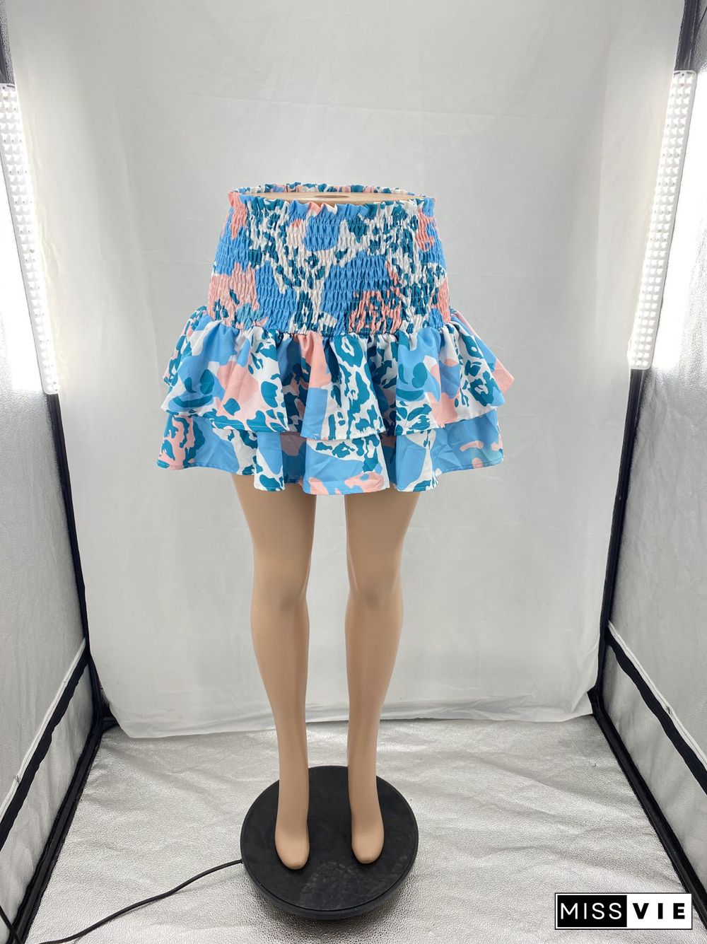 Gradient Printing High Waist Pleated Mini Skirts