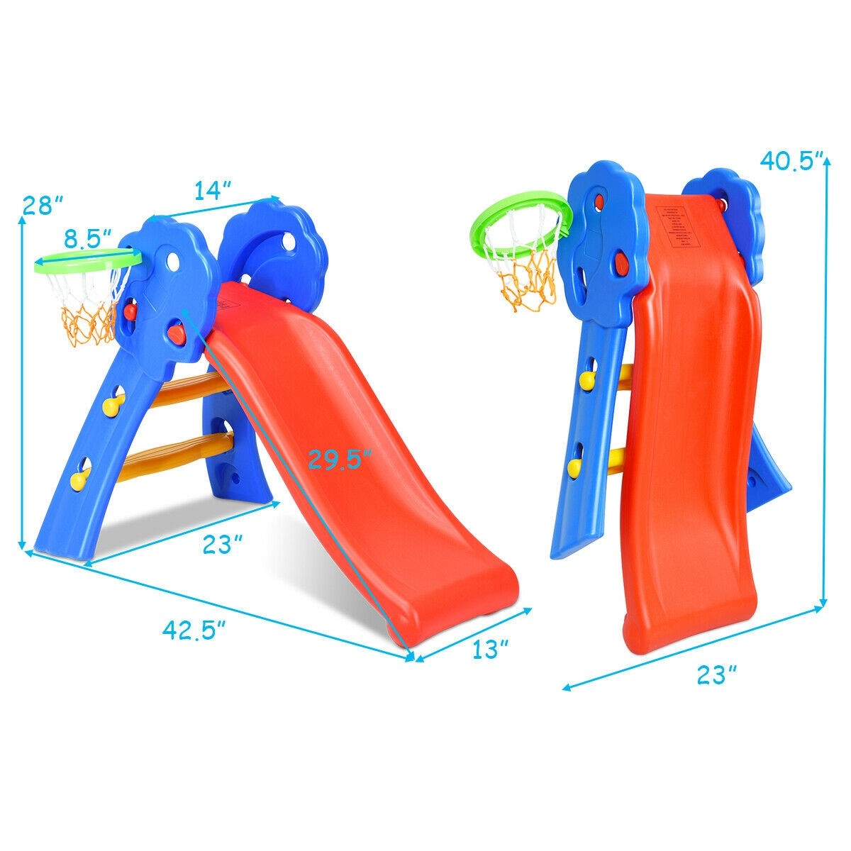 Baby Joy Folding Slide, Plastic Play Slide Climber Kids (Floral Rail +Basketball Hoop)