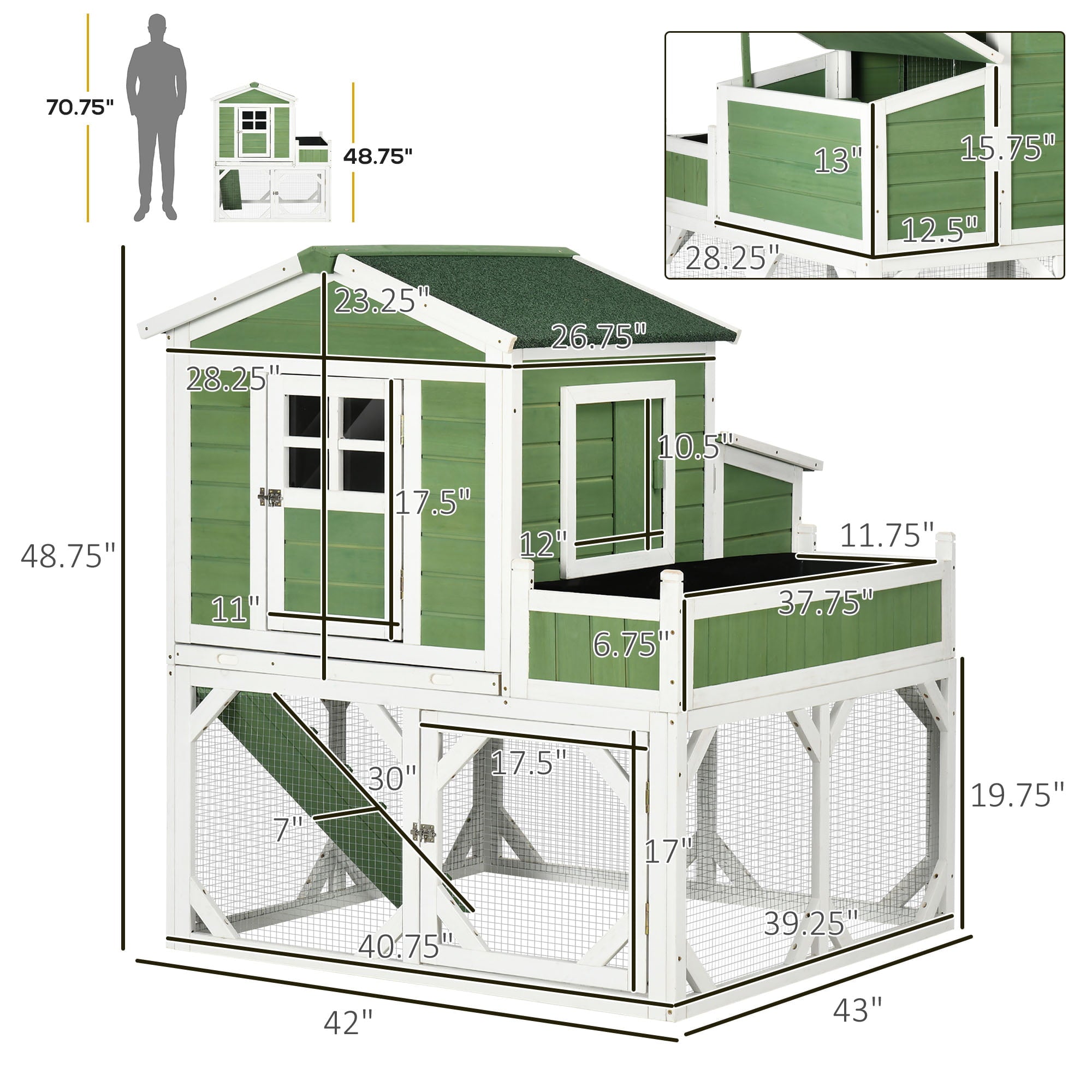 PawHut 49 Small Chicken Coop Hen House with Garden Space， Chicken House Outdoor Run Cage with Weather Protection， 2-4 Birds， Green