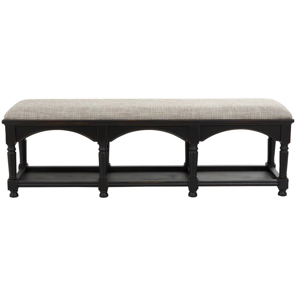 Black Fabric Arched Storage Bench with Traditional Turned Legs and Beige Cushion  59\